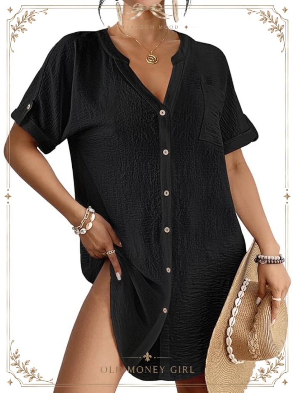 Bsubseach Button Down V Neck Swim Cover Up Shirt Dress